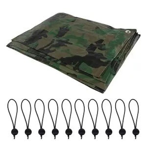 5 x 8 m Tarpaulin Waterproof Heavy Duty Cover Camping Ground Sheet Caravan Furniture Multipurpose 10 Bungee Balls Camo 85 GSM