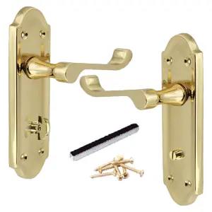 Ashford Door Handle Bathroom Lock Scroll Lever - Polished Brass