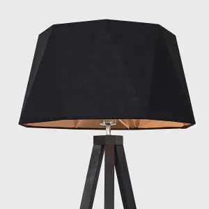 ValueLights Barbro Black Wood Tripod Design Floor Lamp with Black/Copper Geometric Shade - Complete with 6w LED GLS Bulb