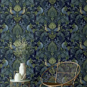 Grandeco Peacock and Leaf Scrolls Opulent Damask Textured Wallpaper, Green Blue