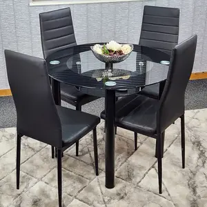 Round Glass Black Kitchen Dining Table With Storage Shelf And 4 Black Metal Chairs Set