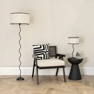 ValueLights Wiggle Black Metal Single Stem Floor Lamp with Linen Black Trim Drum Shade and LED Bulb