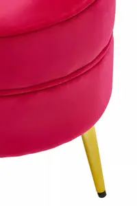 Interiors by Premier Elegant Round Bright Pink Velvet Gold Leg Footstool, Plush Foam Padded Gold Finished Footrest For Bedrooms