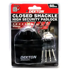 Dekton 60mm Black Closed Shackle Hardened Steel Padlock With 4 Keys