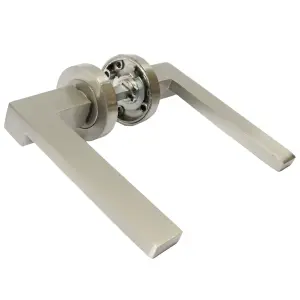 UNO-3 Door Handle Modern Satin Nickel Lever on Rose Internal Handles + 64mm Latch & Hinges