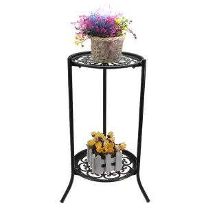 Garden 2 Tier Black Tall Round Rustproof Vintage Plant Stand 64cm H