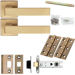 Door Handle & Latch Pack - Antique Brass - Flat Slim Bar Lever On Square Rose