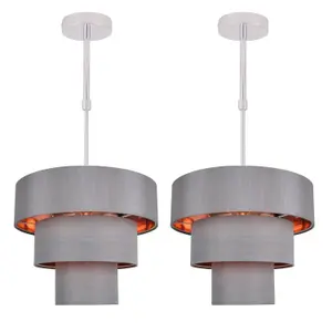 First Choice Lighting Set of 2 Staggered 3 Tier Grey Faux Silk Slub Fabric Ceiling Adjustable Flush Shade with Copper Board Inner