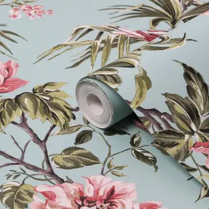 Next Birds & blooms Duck egg Floral Smooth Wallpaper Sample