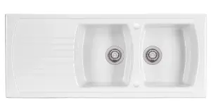 Luna Ceramic Kitchen Sink White 2 Bowl & Drainer With Brass Waste - Reversible - SO2BWT + WKIT2