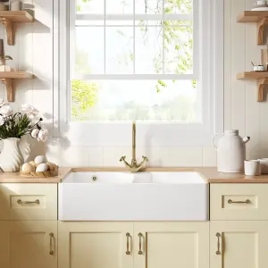 895mm - Fireclay 2 Bowl Stepped Weir Butler Kitchen Sink -  Tap Ledge & Overflow