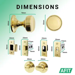 AFIT Lined Door Knob Set Polished Brass - 1 Pair of Mortice Knobs (55mm), Latch & Deadbolt Kit (76mm) & Turn & Release