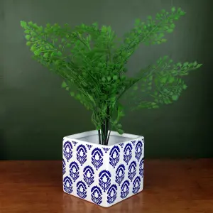 Ceramic Cube Planter with Decorative Print Blue Tulip Plant Pot Botanik