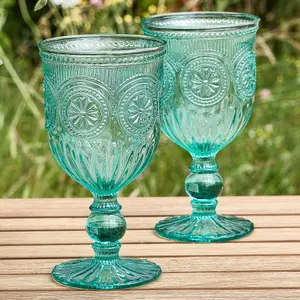 Set of 4 Vintage Luxury Embossed Purple & Turquoise Embossed Drinking Wine Glass Wine Goblets 290ml