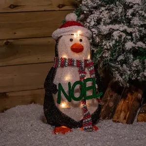 55cm Battery Operated Light up Christmas Penguin with Red Hat and Warm White LEDs