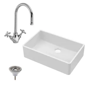 795mm - Fireclay Single Bowl Butler Kitchen Sink -  Mono Sink Mixer Tap & Waste