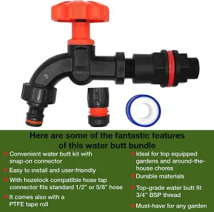 Premium Water Butts Kit  3/4" bsp black tap with click lock hose connector + Hozelock suited tap  connector + PTFE Tape Roll