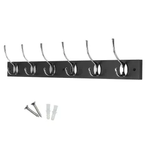 Victorian 6 Hook Wall-Mount Wooden Coat Rack, 68cm - Black Board, Polished Chrome Hook - Pre-Assembled, Fixings Included