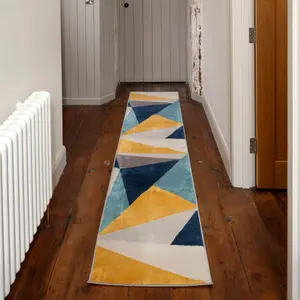 Blue Ochre Bold Geometric Area Runner Rug 60x240cm