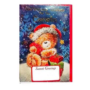 Simon Elvin Wishes For You Cousin Christmas Card (Pack of 6) Blue/Brown/Red (One Size)