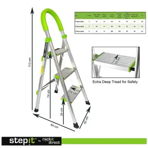 StepIt 3 Step Ladder Portable Folding Aluminium Deep Steps 3 Year Warranty Anti-Slip Soft Grip 150kg Capacity Small Ladder