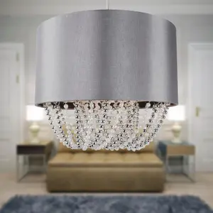 First Choice Lighting Grey Fabric Non Electric Pendant With Beaded Diffuser