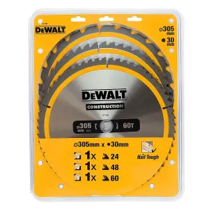 DEWALT DT1964 Construction Circular Saw Blade 3 Pack 305 x 30mm x 24T/48T/60T