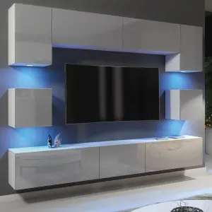 Panorama Wall TV Unit White & Grey with High Gloss Doors and LED Lighting - Creative Furniture