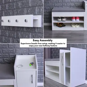 White Shoe Racks Storage Bench with Coat Stand & Shelf Combo - Grey Cushion Shoe Storage Seat - Wallet and Key Holder Organizer