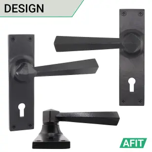 AFIT Black Iron Door Handle Key Lock Set - 1 Pair Black Antique Internal Handles with Hinges 76mm, Lock 64mm - Tudor Range