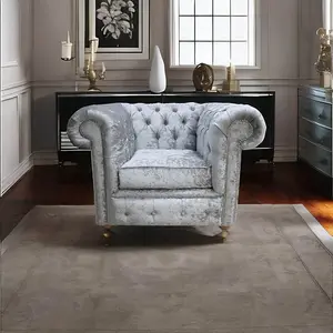 Chesterfield Low Back Club Chair Shimmer Silver Real Velvet Fabric In Classic Style