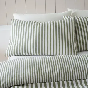 Brushed Cotton Stripe Duvet Cover Set Green / Double