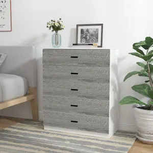 URBNLIVING Height 90.5cm 5 Drawer Wooden Bedroom Chest Cabinet Modern White Carcass and Ash Grey Drawers Wide Storage Cupboard