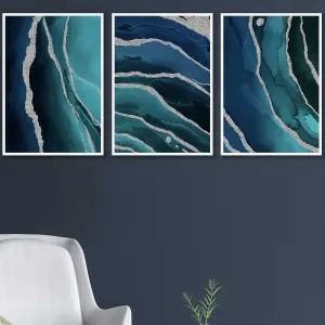 Set of 3 Abstract Teal Blue Silver Strokes Wall Art Prints / 42x59cm (A2) / White Frame