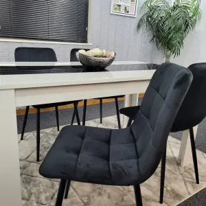 Dining Table And 4 Chairs White Black Wooden Table, Black Velvet Tufted Chairs