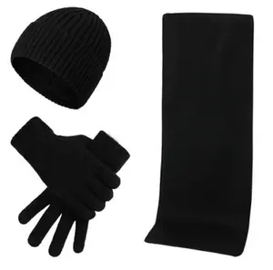 Black Autumn & Winter Warm Knitted Acrylic Hat Scarf Gloves Set