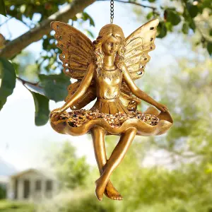 Gold Fairy Bird Feeder - Weatherproof Outdoor Garden Wild Bird Seed Feeding Station with Gilded Finish - 38 x 23 x 20cm