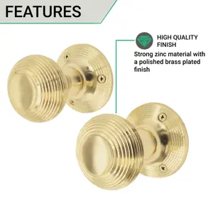 AFIT Beehive Door Knob Set Polished Brass - 1 Pair of Reeded Knobs (55mm), Latch & Deadbolt (76mm), Hinges (76mm) & Turn & Release