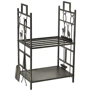 Outsunny 2-Tier Wrought Iron Firewood Holder w/ 4 Tools Handles Heavy Duty Rack