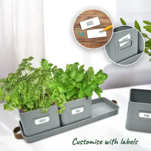 Charcoal Grey Herb Pots for Kitchen Windowsill - 2 Pack Indoor Planters with Leather Tray, Ideal for Fresh Herbs & Plants