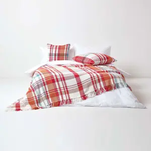 Homescapes Red Tartan 100% Cotton Falun Throw with Tassels, 225 x 255 cm