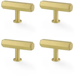 4 PACK - Industrial Hex T Bar Cabinet Door Knob - 55mm x 38mm - Satin Brass Pull Handle