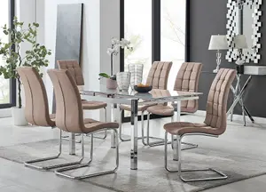 Furniturebox UK 6 Seater Dining Set - Enna White Glass & Chrome Extendable Dining Table & Chairs - 6 Beige Leather Murano Chairs