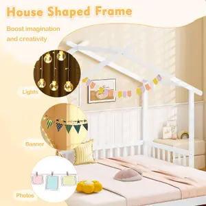 COSTWAY Single to Double Kids Bed Frame Wooden Extendable House Bed w/ Roof Frame