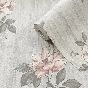 Muriva Pink & Grey Floral Mica effect Embossed Wallpaper