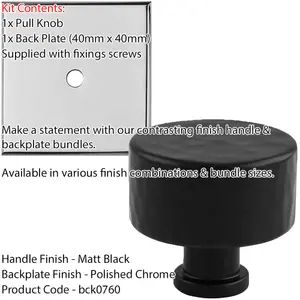 Cabinet Door Knob & Contrasting Backplate Set - Hammered Kitchen Pull - Matt Black & Chrome