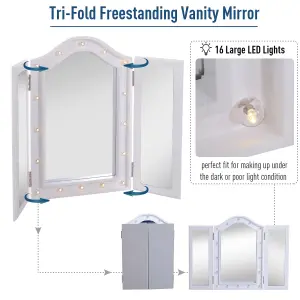 HOMCOM Lighted Tri-Fold Vanity Mirror Large Cosmetic Mirror w/ LED Lights White