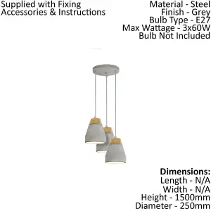 Pendant 3 Bulb Ceiling Light Shade Brown Wood Grey Concrete Bulb E27 3x60W