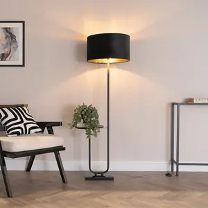 ValueLights Tavel Black Floor Lamp with Table and Black Velvet with Gold Inner Lamp Shade and Bulb