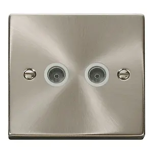 Satin / Brushed Chrome 2 Gang Twin Coaxial TV Socket - White Trim - SE Home